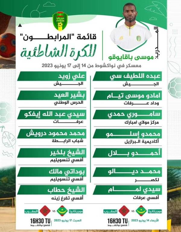 قائمة المنتخب الموريتاني لكرة الشاطئية لمبارتيه ضد المغرب