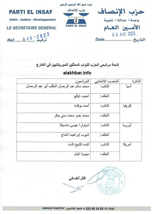 أسماء مرشحي حزب الإنصاف في دوائر الخارج(وثيقة)