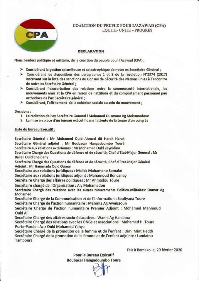 انقلاب أبيض على أمين عام إئتلاف الشعب الأزواد الموالي&nbsp;(…)