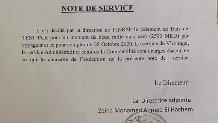 وثيقة صادرة عن وزارة الصحة: على كل مسافر دفع 2500 أوقية&nbsp;(…)