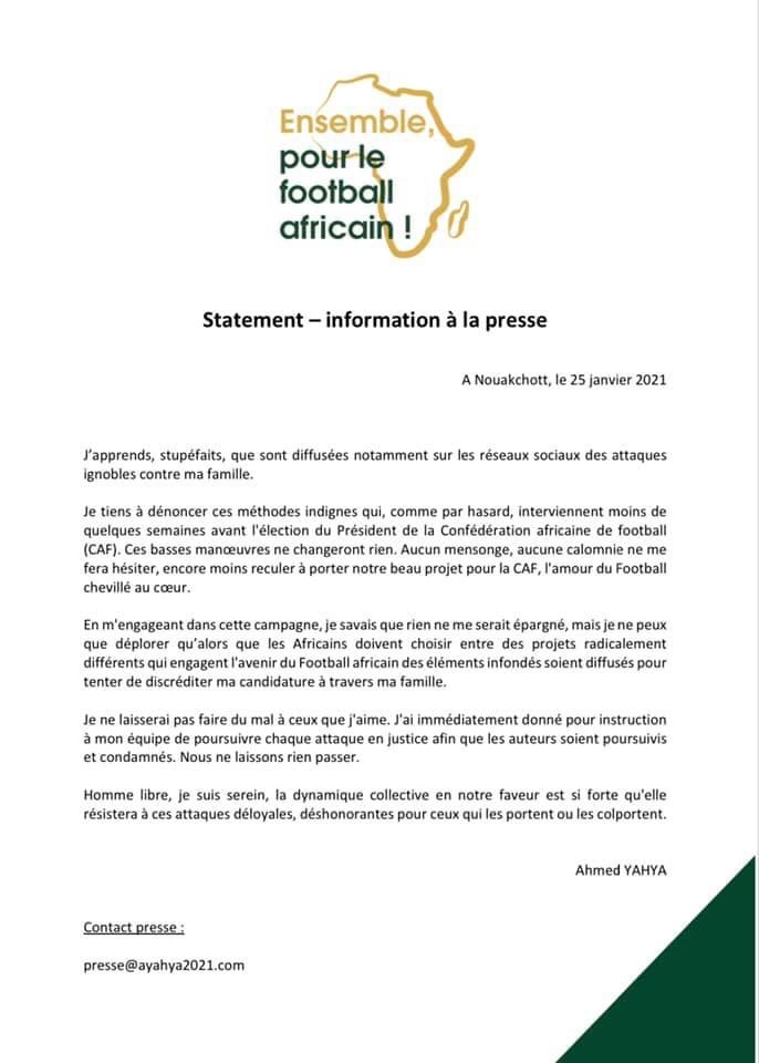 ولد يحيى المترشح لرئاسة الاتحاد الأفريقي لكرة القدم يدين (…)